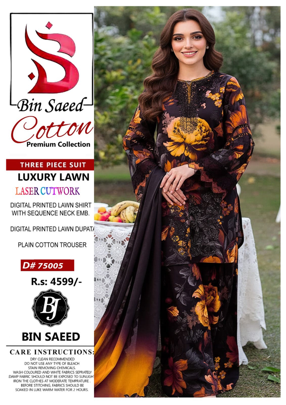 Bin Saeed Cotton Nack Embroidered | With Lawn Cutwork Dupatta