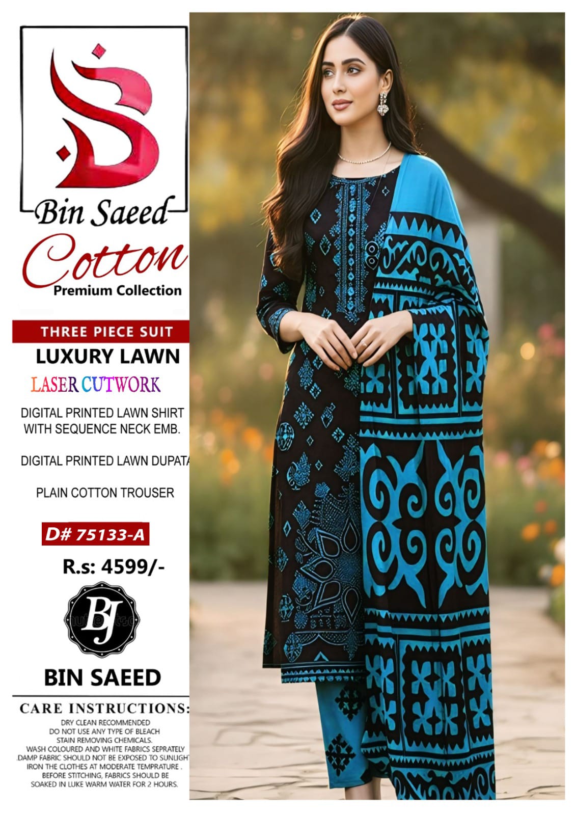 Bin Saeed Cotton Nack Embroidered | With Lawn Cutwork Dupatta