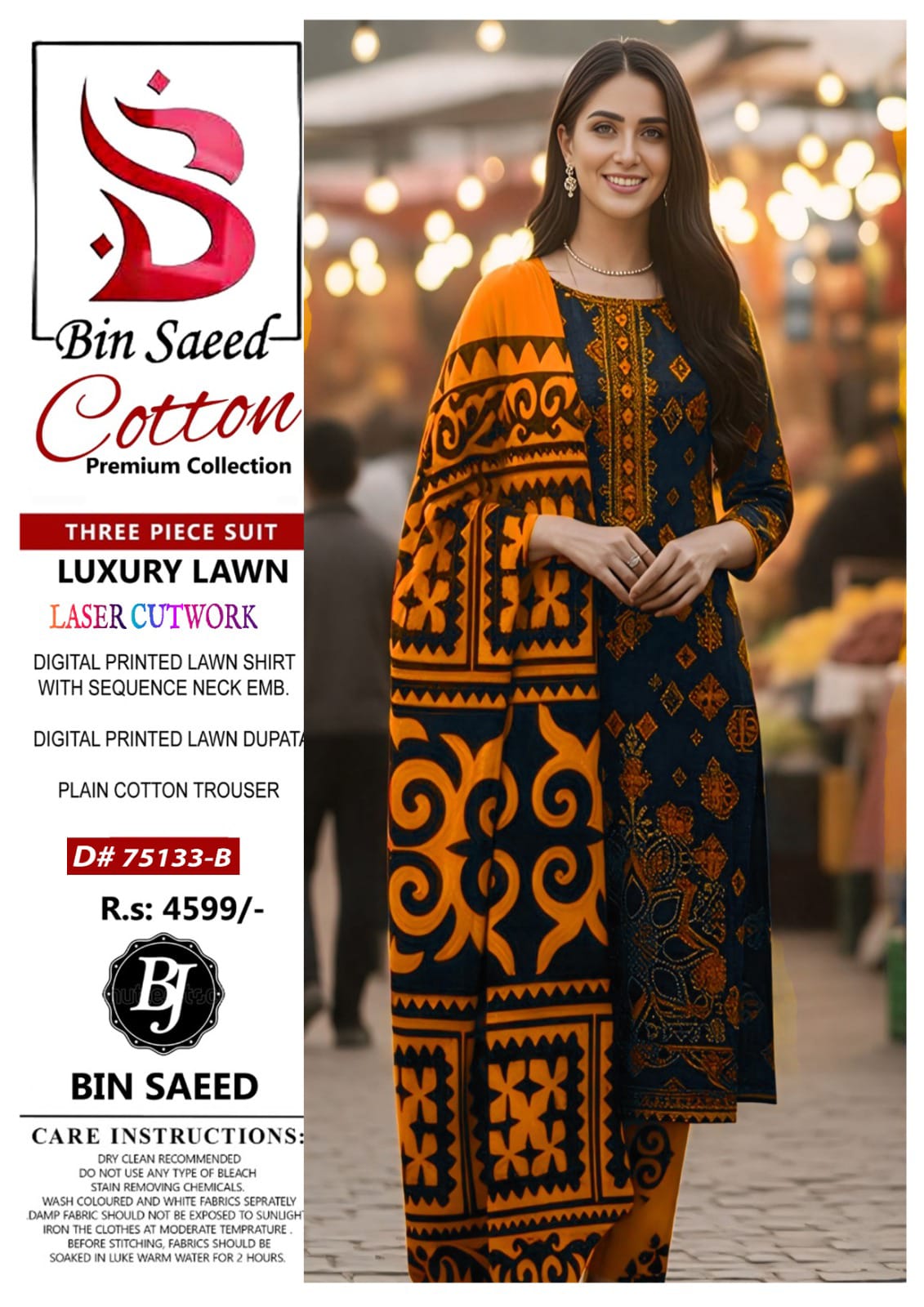 Bin Saeed Cotton Nack Embroidered | With Lawn Cutwork Dupatta