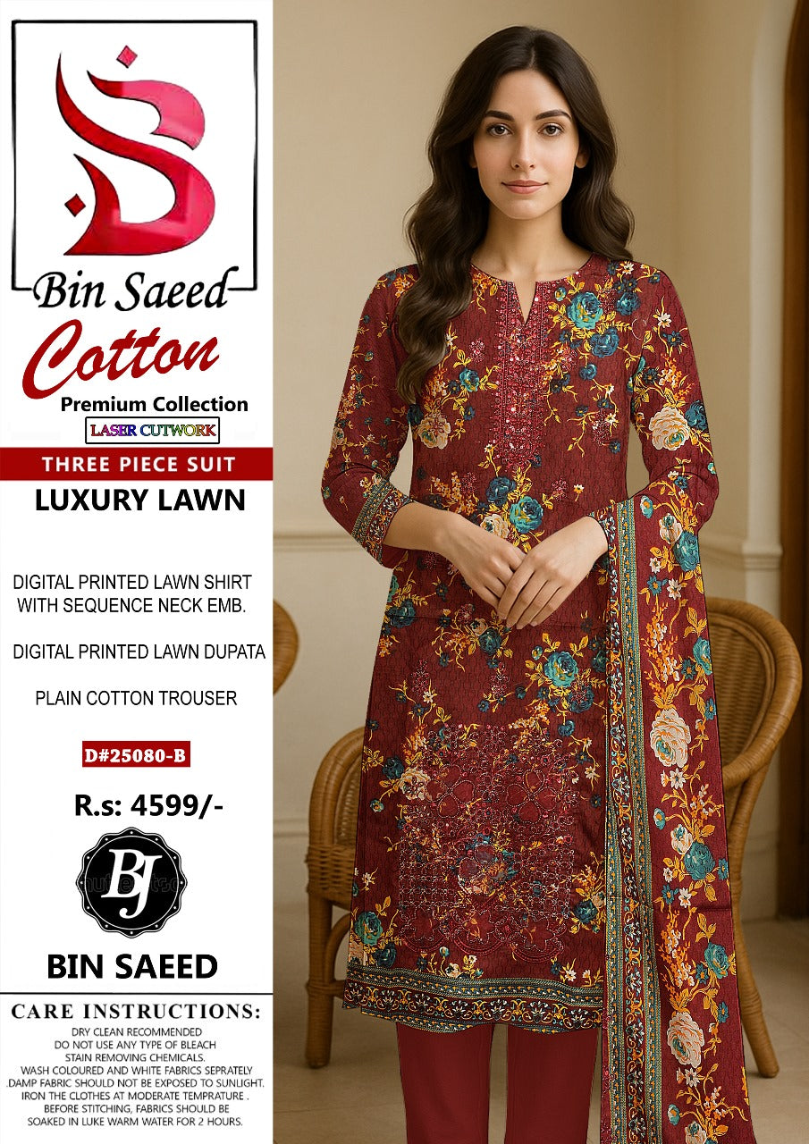 Bin Saeed Cotton Nack Embroidered | With Lawn Cutwork Dupatta